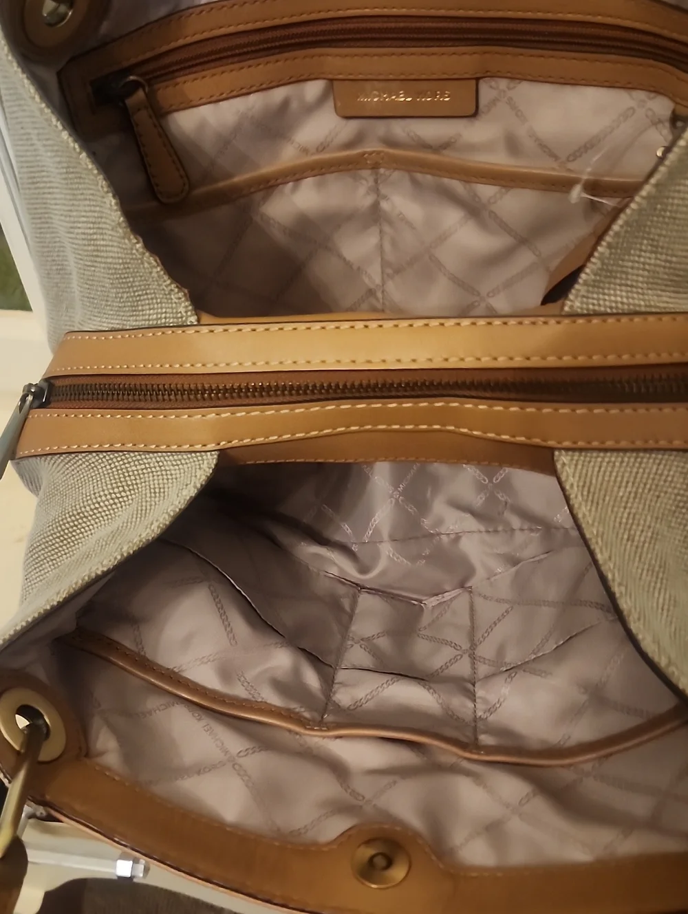 Michael Kors Beige Canvas Shoulder Bag with Tan Leather Trim